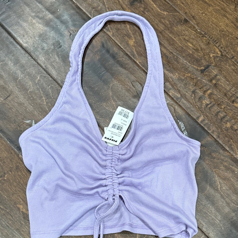 Full Tilt Ribbed Lavender Halter Crop Top with Front Ruched Tie